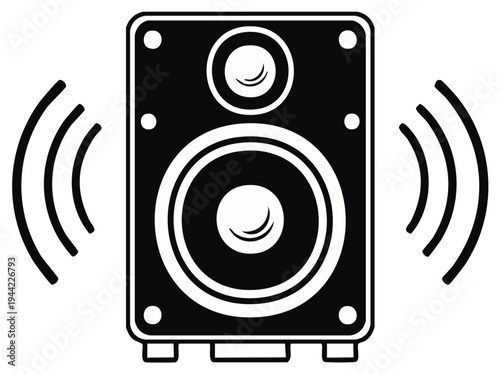 Black and white illustration of a speaker with sound waves, musical equipment.