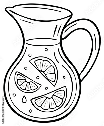 Clear glass pitcher filled with refreshing citrus beverage and fruit slices, simple line art illustration