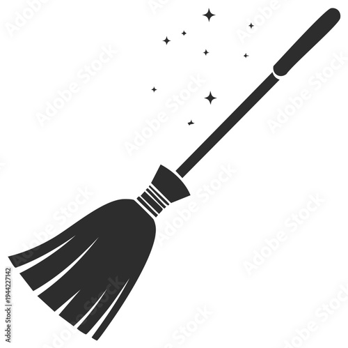 Silhouette of a Broomstick with Magical Stars Icon for Halloween Holiday or Fantasy Character Concepts