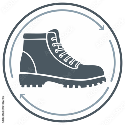 Work boot icon with arrows in a circle, concept of durability and protection.