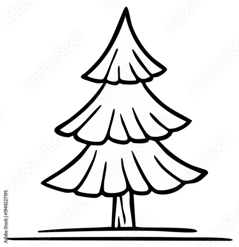 Simple line art illustration of a stylized evergreen tree with layered branches and a trunk