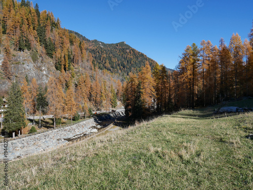 Autumn in the Alps. Chardonney, a hamlet of Champorcher, Aosta Valley, Alps, Italy.
