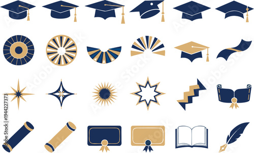 A collection of graduation icons and symbols in blue and gold