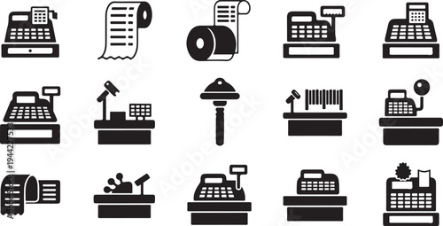 Collection of various cash register and shop icons black