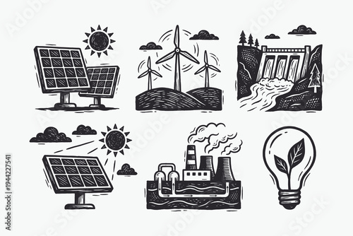 Engraving Set of Renewable and Industrial Energy Sources Icons