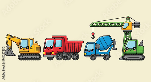 A row of colorful cartoon construction vehicles including an excavator, dump truck, cement mixer, and crane on a plain beige background.