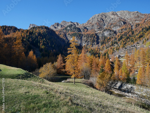 Autumn in the Alps. Chardonney, a hamlet of Champorcher, Aosta Valley, Alps, Italy.