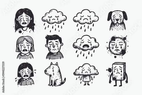 Monochrome Doodle Set of Crying Characters, Clouds, and Animals.