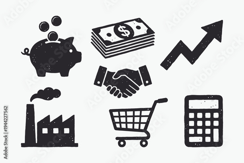 Grunge Business and Finance Icons Set with Piggy Bank, Factory, and Handshake.