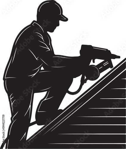 A silhouette of a roofer on a sloped roof, using a nail gun for construction work.