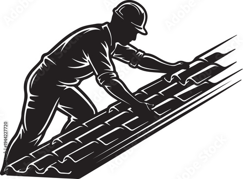 A silhouette illustration of a roofer installing tiles on a sloped roof, depicting construction work.