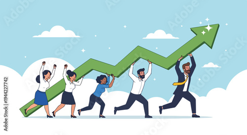 A diverse group of business professionals pushing a large green arrow up in a cartoon-style illustration with a light blue sky background and white clouds.
