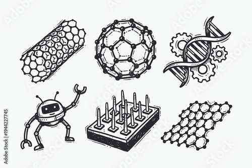 Hand-drawn icons of nanotechnology, future science, robotics, and advanced materials.