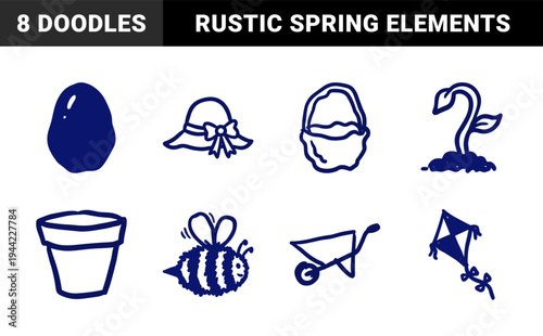 Hand-drawn spring garden and Easter elements for organic brand identity. Rustic, naive marker sketch illustrations featuring nature and outdoor hobby concepts.