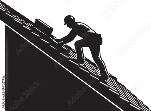Silhouette of a roofer climbing a steep residential roof, installing or repairing shingles.