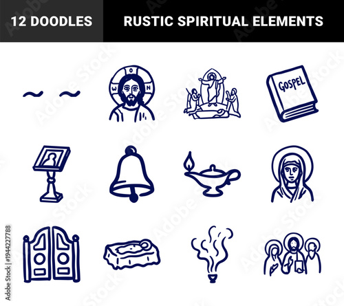 Hand-drawn Christian Orthodox religious elements for spiritual brand identity. Rustic, naive marker sketch illustrations featuring liturgical church concepts.