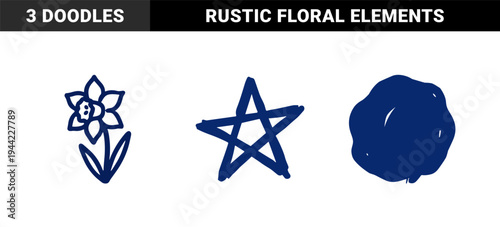 Hand-drawn botanical and celestial doodles for organic brand identity. Rustic indigo marker sketch featuring a flower, five-pointed star, and organic circular shape.