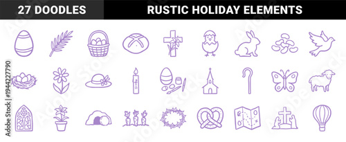 Hand-drawn Easter and religious celebration elements in a purple naive doodle style. Rustic marker sketch illustrations for spring holiday branding.