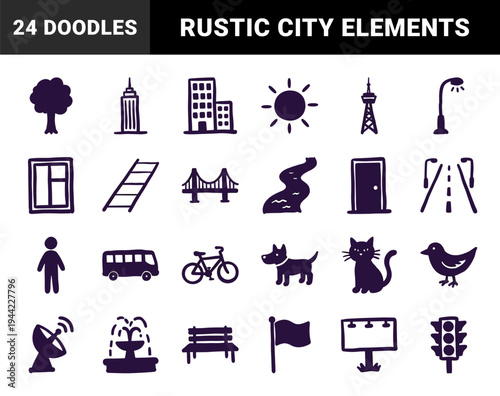 Hand-drawn urban life and city infrastructure elements in a naive doodle style. Rustic marker sketch illustrations for organic municipal branding and community projects.