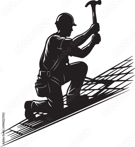 Silhouette of a roofer working on a sloped roof with a hammer, wearing a hard hat and tool belt.