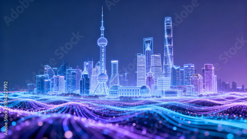 Shanghai City Skyscraper Architecture Landscape Drawn with Glowing Particle Lines