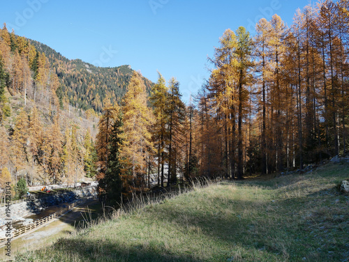 Autumn in the Alps. Chardonney, a hamlet of Champorcher, Aosta Valley, Alps, Italy.