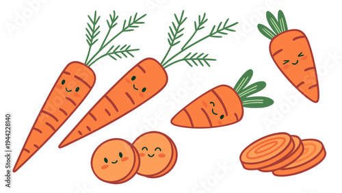Cute carrots with smiling faces, whole and sliced vegetables with green leaves celebrating international carrot day on april 4, healthy food concept, simple vector illustration