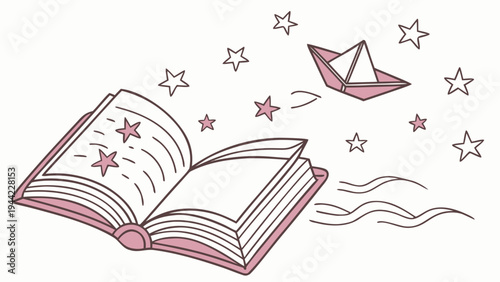 Open magical book with flying paper boat and stars celebrating international childrens book day on april 2, imagination reading and education concept, simple vector illustration