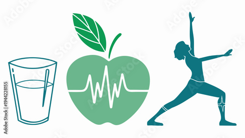 Healthy lifestyle concept with water glass heart pulse leaf and yoga exercise celebrating world health day on april 7, wellness fitness and healthcare awareness vector illustration
