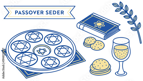 Passover seder traditional jewish holiday symbols with matzah wine plate and torah book, passover celebration concept, simple vector illustration