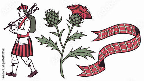Scottish bagpiper thistle plant and tartan ribbon symbols celebrating tartan day on april 6, scottish heritage culture and tradition concept, simple vector illustration