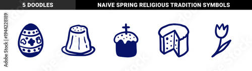 Hand-drawn Easter holiday and Orthodox tradition elements in rustic blue marker style. Naive doodle illustrations featuring Paska bread, decorated egg, and spring tulip.