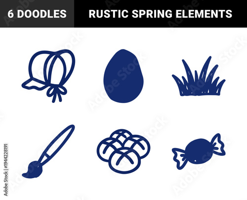 Hand-drawn Easter holiday elements with rustic navy blue ink aesthetic. Naive marker sketch illustrations featuring egg, grass, bonnet, and hot cross buns.