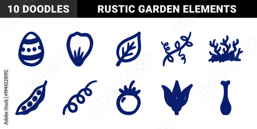 Hand-drawn organic botanical and garden elements for rustic brand identity. Naive marker sketch illustrations featuring leaves, seeds, and floral shapes.