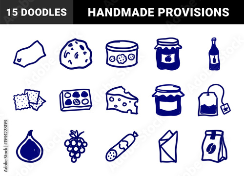 Hand-drawn gourmet food and pantry staples for rustic branding. Naive marker sketch illustrations of cheese, wine, jam, and artisanal snacks.