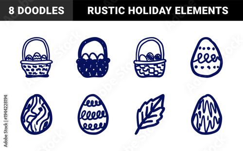 Hand-drawn Easter eggs and wicker baskets with naive doodle aesthetic. Rustic marker sketch illustrations for spring holiday branding and seasonal decor.