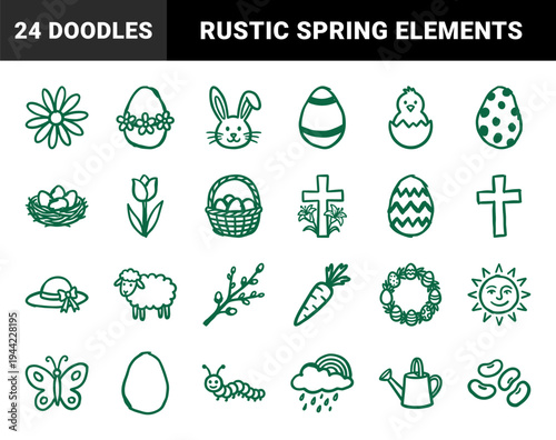 Easter and springtime celebration elements for organic brand identity. Rustic, naive marker sketch illustrations featuring seasonal holiday concepts.