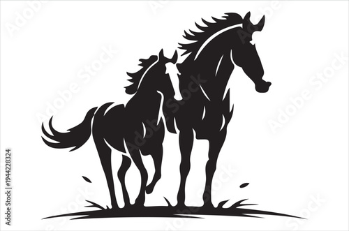 Black silhouette of a mare and foal running through grassy terrain