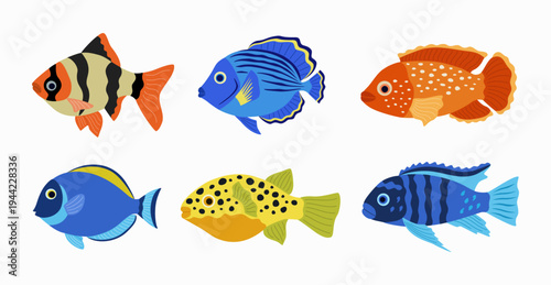 Set of cute aquarium fish. Tropical exotic underwater animals. Hand drawn vector illustration isolated on white background, modern flat cartoon style.