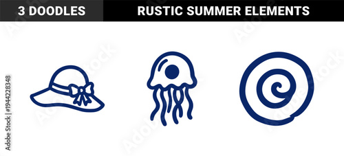 Hand-drawn nautical and summer vacation elements featuring jellyfish and sun hat. Rustic blue marker sketch illustrations for organic coastal branding.