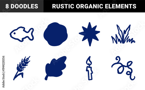 Hand-drawn nature and celestial elements for rustic brand identity. Naive marker sketch illustrations featuring organic flora, star, and candle motifs.