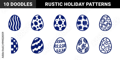 Hand-drawn Easter egg patterns with rustic navy blue ink aesthetic. Naive marker sketch illustrations featuring festive spring holiday textures and organic doodle shapes.
