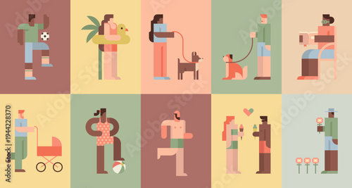 Flat people outdoor activities, park and beach character set
