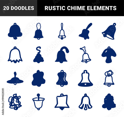 Hand-drawn bell doodles in a rustic navy blue ink style. Clumsy marker sketch illustrations featuring various bell shapes for festive and musical branding.