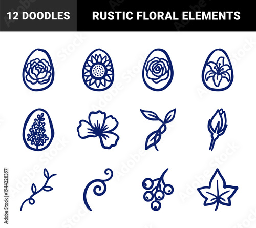Hand-drawn botanical floral elements and egg-shaped blossom motifs for spring branding. Naive marker sketch organic nature illustrations with rustic charm.