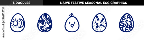 Hand-drawn Easter egg doodles with chick and celestial patterns for festive branding. Rustic naive marker sketch illustrations featuring seasonal spring holiday concepts.