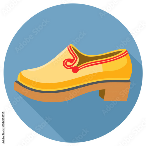 Vibrant yellow traditional flat shoe icon with distinctive red decorative trim and comfortable low wooden heel