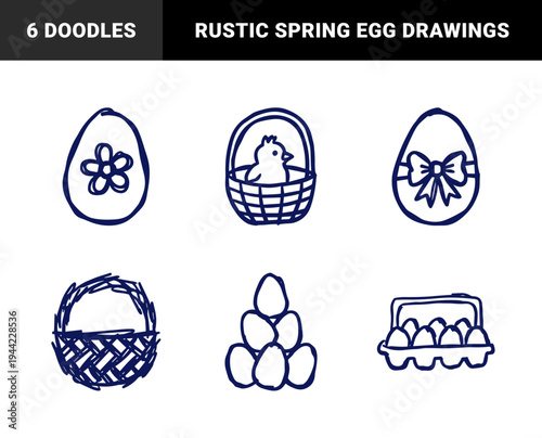 Hand-drawn Easter egg and spring holiday elements with rustic marker sketch aesthetic. Naive blue ink doodle illustrations of eggs and baskets.
