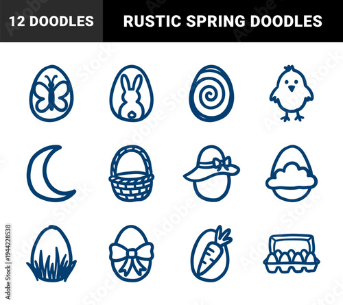 Hand-drawn Easter holiday elements featuring rustic eggs, spring chicks, and garden baskets. Naive marker sketch illustrations for seasonal branding.