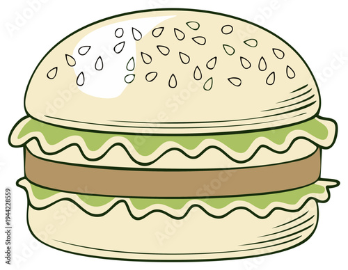 Cartoon delicious burger with sesame seeds on a bun, lettuce and meat cutlet ingredient, vector design illustration
